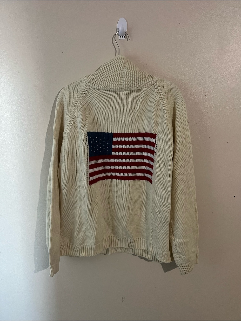 Cream Shawl-Collar Sweater with American Flag